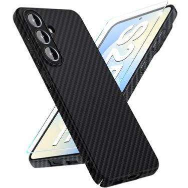 Imagem de Capa de fibra de carbono para Samsung Galaxy S25 FE com protetor de tela Slim Fit para Samsung S25 FE capa de telefone resistente durável queda fina híbrida PC capa de proteção rígida 5G (preto)