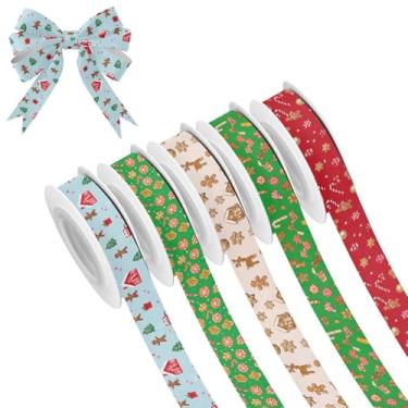 Imagem de SEHANY 5 rolos de fita de Natal 0,59 polegadas 5 jardas fitas de tecido de gengibre de Natal fitas de cetim festivas fitas decorativas de Natal para embrulho de presente faça você mesmo artesanato