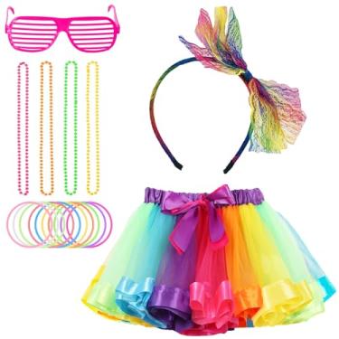 Imagem de AEXHOT Acessórios para fantasias extravagantes dos anos 80, saias femininas tutu de tule arco-íris, luvas, tiaras, óculos de sol neon para festa dos anos 80, Arco-íris 02, Standard