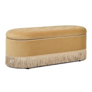 Imagem de Jennifer Taylor Home Elara – Banco de armazenamento com franjas ovais tufadas de 123 cm, veludo dourado