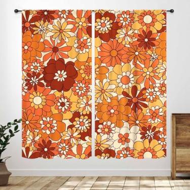 Imagem de Cortinas florais retrô, laranja dos anos 70, descoladas, hippie, fofas, boêmias, vintage, para quarto, sala de estar, cozinha, jardim natural, tratamentos de janela botânica, conjunto de 2 peças, 106