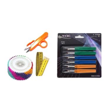 Imagem de Kit Completo de Costura Profissional com Tesoura de Arremate Guia Magnético Abridor de Casinha Fita Métrica 480 Alfinetes Patchwork Artesanato