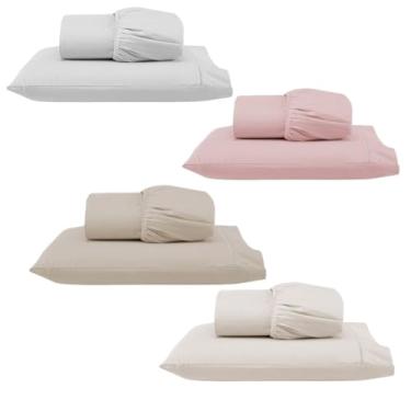 Imagem de Kit 4 Jogos de Lençol Solteiro com Elástico e Fronha Bordada em Ponto Palito, 8 Peças em Micropercal 300 Fios 100% Poliéster (4 Jogos Solteiros Versat (Branco/Rosê/Cáqui/Palha))