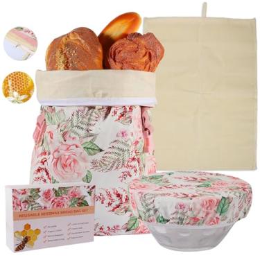 Imagem de Conjunto reutilizável de saco de pão de cera de abelha e tampa de tigela, sacos removíveis de cera de abelha para fermento/pão caseiro, saco de armazenamento de pão com trava dupla para manter fresco