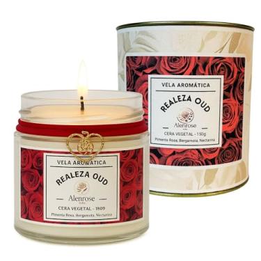 Imagem de Alenrose Vela Aromática Realeza Oud – Pimenta Rosa, Bergamota, Nectarina - Cera de Coco 100% Vegetal, 150g, 30h de Queima, Pote de Vidro com Lata Decorativa de Luxo