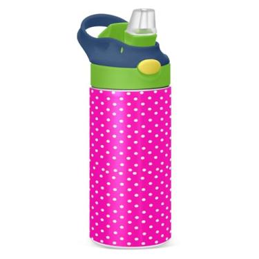 Imagem de JUZIHAI Garrafas de água infantis de bolinhas brancas com fundo rosa, 355 ml, isolada a vácuo, com tampa de palha, copo de viagem à prova de vazamento