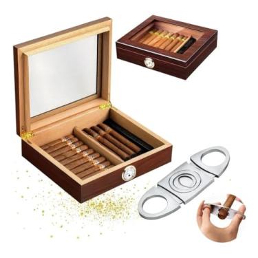 Imagem de Caixa Umidificadora para Charutos com Higrômetro e Cortador, Madeira Marrom, Kit Completo para Armazenamento
