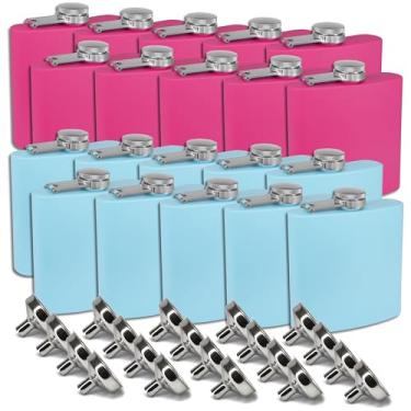 Imagem de Conjunto de frascos de revelação de gênero - (pacote com 20) Frascos de aço inoxidável rosa e azul de 170 g com funil - Frasco de licor revestido com pó de parede dupla, presente para chá de bebê