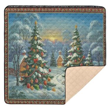 Imagem de Qilmy Village Christmas Trees Tapete de brinquedo para bebês 127 x 127 cm, tapete macio à prova d'água para bebês pequenas, tapete antiderrapante lavável para cercadinho