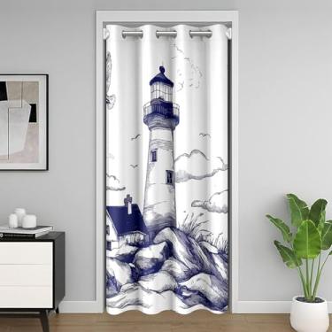 Imagem de jejeloiu Cortina de porta náutica para privacidade de porta 86 x 203 cm 1 painel capa de armário oceano para decoração de crianças, meninos, meninas, cortina divisória de quarto de farol, lavável