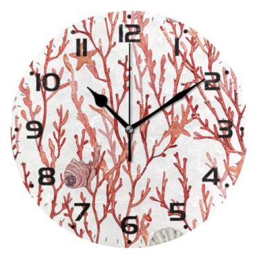 Imagem de JUZIHAI Relógio de parede subaquático com conchas corais, silencioso, sem tique-taque, redondo, operado por bateria, fácil de ler, relógio decorativo de parede para casa, cozinha, sala de estar