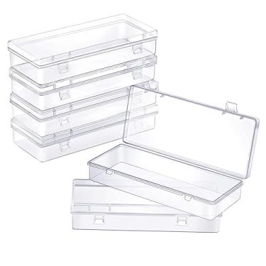 Imagem de 6 recipientes de armazenamento de plástico transparente com tampa articulada retangulares pequenas caixas de plástico para miçangas, joias, ferragens, peças de jogo, itens de artesanato, 15 x 6 x 3 cm