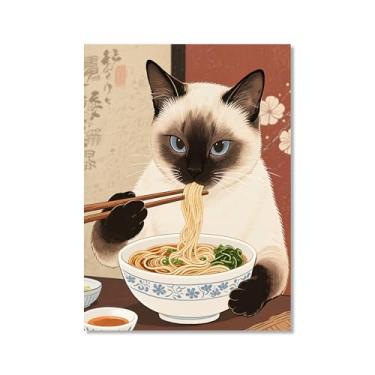 Imagem de Arte de parede em tela de gato preto engraçado vintage japonês gato comendo ramen imagem única amante de gatos para decoração de parede de cozinha e sala de jantar (SKU3,16x24") = (40 x 60 cm), sem