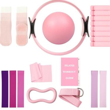 Imagem de Conjunto de anéis de Pilates 14 peças, anel de ioga circular, bola de pilates, pesos ajustáveis no tornozelo e no pulso, faixas de resistência, meias de aderência, guias de instruções Mauel, conjunto