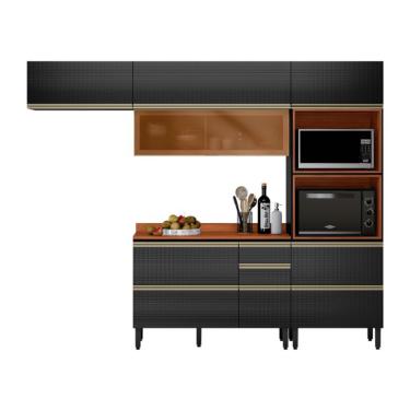 Imagem de Armário de Cozinha Compacta com Vidro Reflecta Proença 6 Portas 5 Gavetas Carbono e Nogueira