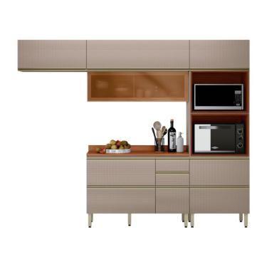 Imagem de Armário de Cozinha Compacta com Vidro Reflecta Proença 6 Portas 5 Gavetas Nude e Nogueira