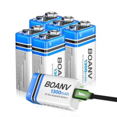 Imagem de Bateria BOANV 9V 1300mAh USB recarregável, pacote com 6