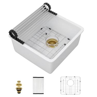 Imagem de Talllor Pia de barra de 43 cm x 43 cm - tigela única de quartzo clássico composto de granito branco sob a pia do balcão para trailer, bar molhado, cozinha pequena, casa móvel #TLGU-133