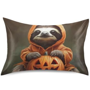 Imagem de Capas de almofada de cetim com estampa de abóbora de Halloween preguiça para cabelo padrão Queen King Capas de travesseiro com estampa fofa para cabelo e pele, tamanho king, 101,6 cm x 50,8 cm