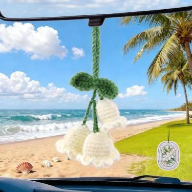 Imagem de Acessórios de carro de crochê de flor de lírio branco com cartão de purificador de ar, acessórios bonitos para pendurar no espelho retrovisor, decorações de interiores de carro, decoração de