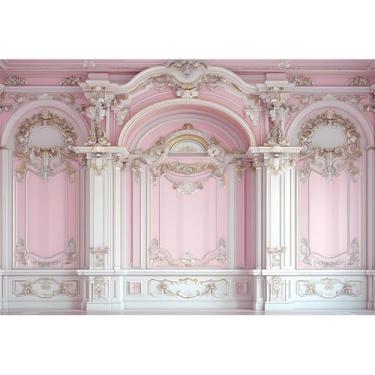 Imagem de Baocicco Palácio Europeu Rosa Pano de fundo de parede 3 x 2,4 m Clássico quarto interior parede padrão de gesso decoração de aniversário princesa meninas casamento chá de bebê banner cabine de fotos