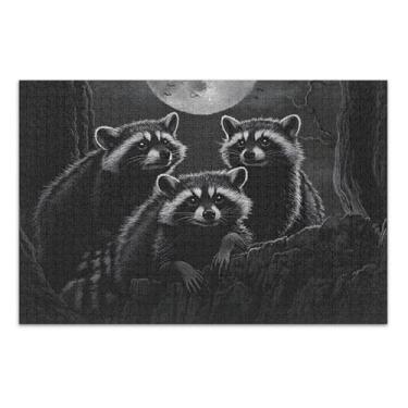 Imagem de Quebra-cabeças místicos guaxinins lua preto 1000 peças para adultos decoração de pintura animal quebra-cabeça colorido personalizado família elefante branco presentes, 75 x 40 centímetros