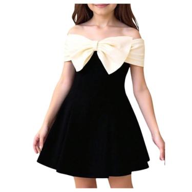 Imagem de GORGLITTER Girl's Bow Dress Off The Shoulder Ruched Ruffle Birthday Princess A Line Mini Dresses Black and White 6Y
