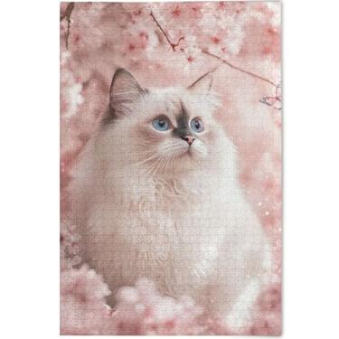 Imagem de Ragdoll Quebra-cabeça de gato flor de cerejeira personalizado 1000 peças para adultos, presentes de elefantes brancos, quebra-cabeça exclusivo, quebra-cabeça de arte animal, 75 x 50 cm