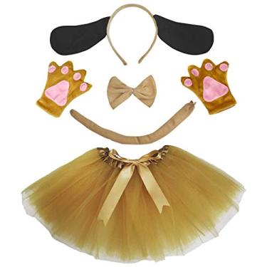 Imagem de Petitebella Tiara de cachorro de orelha longa com laço e luvas tutu 5 peças fantasia para meninas 1-8 anos (1-4 anos, cáqui-dourado)