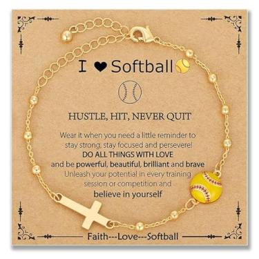 Imagem de Pulseiras de softball, vôlei, futebol, basquete para meninas e mulheres, acessórios esportivos de corrente de elos cruzados banhados a ouro 14K, pulseira de cruz cristã para adolescentes, treinadores