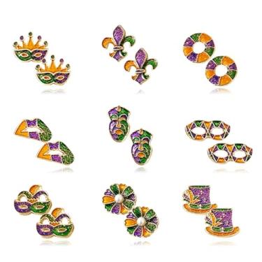 Imagem de RLHRNDE Conjunto de 9 pares de brincos femininos de carnaval delicado com glitter, flor de lis, máscara de penas, coroa bobo da corpa, carnaval, terça-feira, acessório para festa, Medium, Metal, Sem