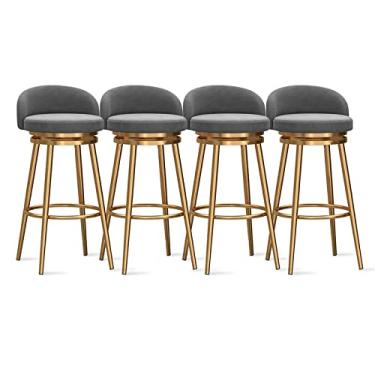 Imagem de Banquetas de balcão conjunto de 4 - banquetas de veludo estofadas com perna de metal dourado, cadeiras de bar de ilha de cozinha modernas cadeiras de jantar com encosto baixo, 64 cm A, cinza