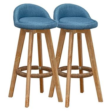 Imagem de Conjunto de 2 bancos de bar de madeira - Bancos de bar com encosto baixo com moldura de madeira e apoio para os pés para cozinha, pub, cafeteria - cadeiras de bar de café da manhã