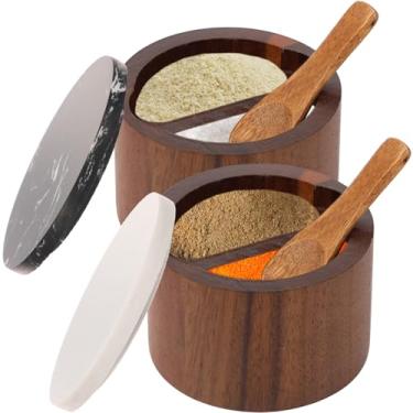 Imagem de Tcwhniev 2 peças de saleiro de madeira com tampa de mármore e colher caixa de recipiente de sal de madeira e pedra pimenta açúcar tempero tigela recipiente bem conservado para bancada de cozinha (2