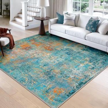 Imagem de RELEANY Tapetes laváveis, quadrados, 2,4 m, antiderrapantes, modernos, abstratos, macios para sala de estar, entrada, quarto, berçário, estampa estampada, azul-petróleo, verde, laranja, vermelho