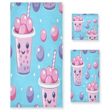 Imagem de xigua Kawaii Conjunto de toalhas de banheiro com padrão de chá absorvente macio 3 peças toalha de banho toalha de mão toalhas decorativas para banheiro, academia, hotel, praia, piscina