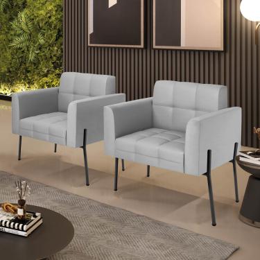 Imagem de Poltrona Sala Decorativa Kit 2 Elisa Pé Aço Lateral Preto Sintético Cinza D03 - D'Rossi