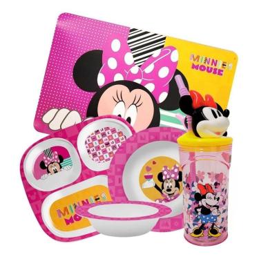 Imagem de Kit Refeição Infantil Minnie 5 Peças Pratos, Tigela, Copo 3D e Lugar Americano