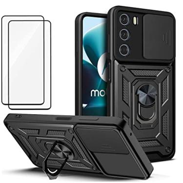 Imagem de Capa para Motorola Moto G51 5G Capinha | com 2 protetores de tela temperados, janela deslizante de proteção da câmera integrada e suporte para telefone - Preto
