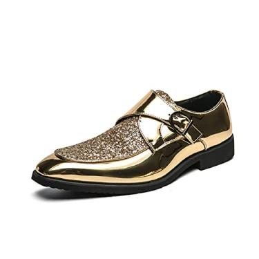 Imagem de Sapatos Oxford formais para homens Slip On Monk Strap Avental Toe Shoes Brilhantes Couro PU Antiderrapante Salto Bloco Baixo Topo Trabalho (Color : Gold, Size : 39 EU)
