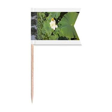 Imagem de White Lotus Lake Art Deco, presente moderno com bandeiras de palito de dentes, marcação de etiquetagem para bolo de festa, comida de queijo