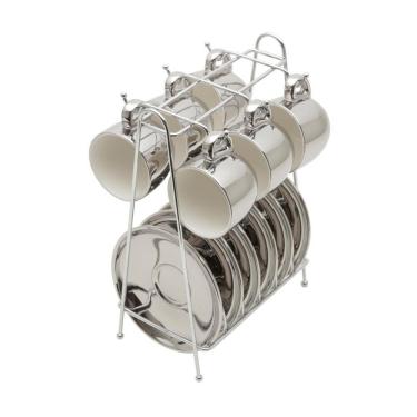 Imagem de Kit 6 Xícaras Porcelana Pires E Suporte Branco/Prata 90Ml