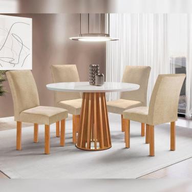 Imagem de Conjunto Mesa Tampo Redondo Pluis Vidro Kansas 100cm 4 Cadeiras Canela Cinamomo/Off White/Suede Cru