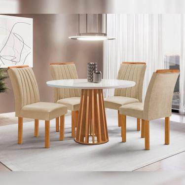Imagem de Conjunto Mesa Tampo Redondo Plus Vidro Kansas 100cm 4 Cadeiras Arizona Cinamomo/Off White/Suede Cru