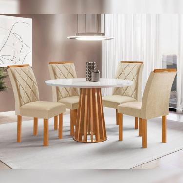 Imagem de Conjunto Mesa Tampo Redondo Plus Vidro Kansas 100cm 4 Cadeiras Arthus Cinamomo/Off White/Suede Cru
