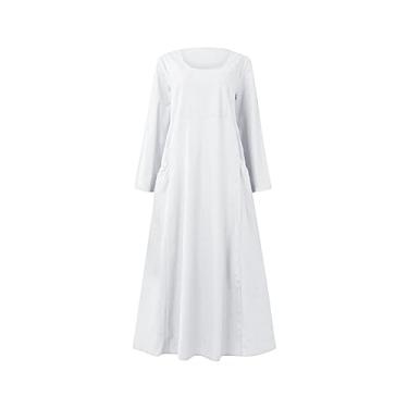 Imagem de UIFLQXX Vestido longo feminino plus size cor sólida manga longa gola redonda vestido longo com bolso algodão e linho praia, Branco, G