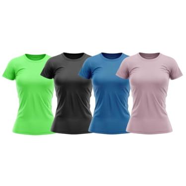 Imagem de Kit 4 Camisas Feminina Manga Curta Proteção UV (Verde Limão/Preto/Azul Petróleo/Rosa, BR, Alfa, P, Regular)