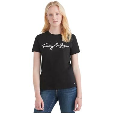 Imagem de Tommy Hilfiger Camiseta feminina de algodão de desempenho – Camisetas estampadas leves, Logotipo característico estampado preto azul escuro, PP
