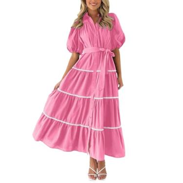 Imagem de Howstar Vestidos de verão para mulheres 2024, vestido maxi solto de manga curta elegante para férias vestido de festa de chá casual, B1 - rosa, M