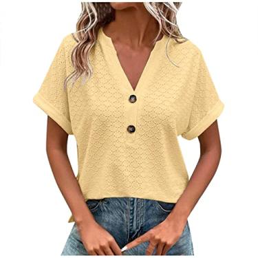 Imagem de Camisetas femininas de manga curta folgadas para mulheres gola V renda lisa outono verão camiseta 2024 moderna, Z-571 Amarelo Mostarda, XXG